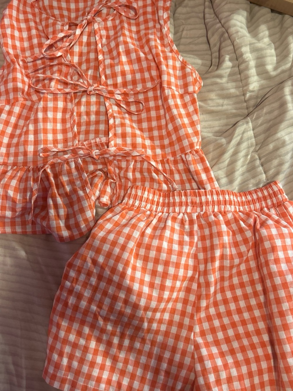 SHEIN Orange and White Gingham Tie-Front Tank and Shorts Set